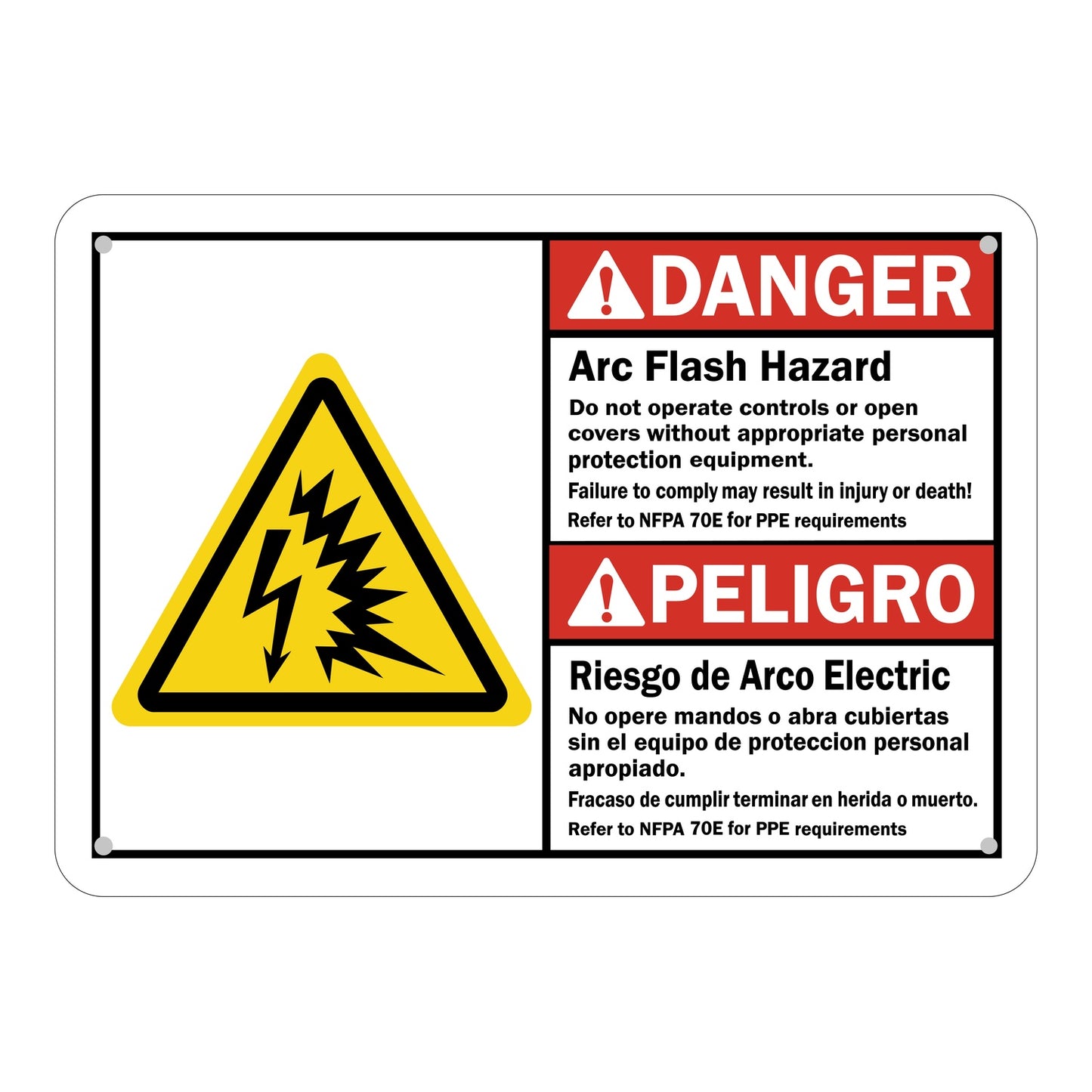 Bilingual ANSI Danger Peligro Arc Flash Hazard Do Not Operate Controls Without PPE Sign Sticker featuring a red danger header, yellow arc flash triangle symbol, and matching English and Spanish NFPA 70E safety text.