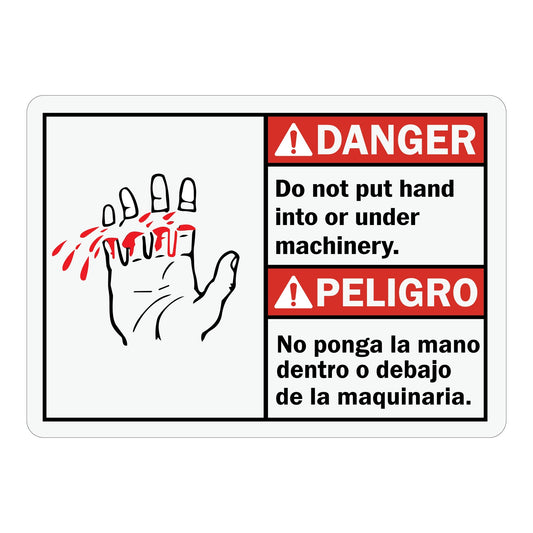 Bilingual ANSI Danger Peligro Do Not Put Hand Into Or Under Machinery Sign Stickers with Graphic