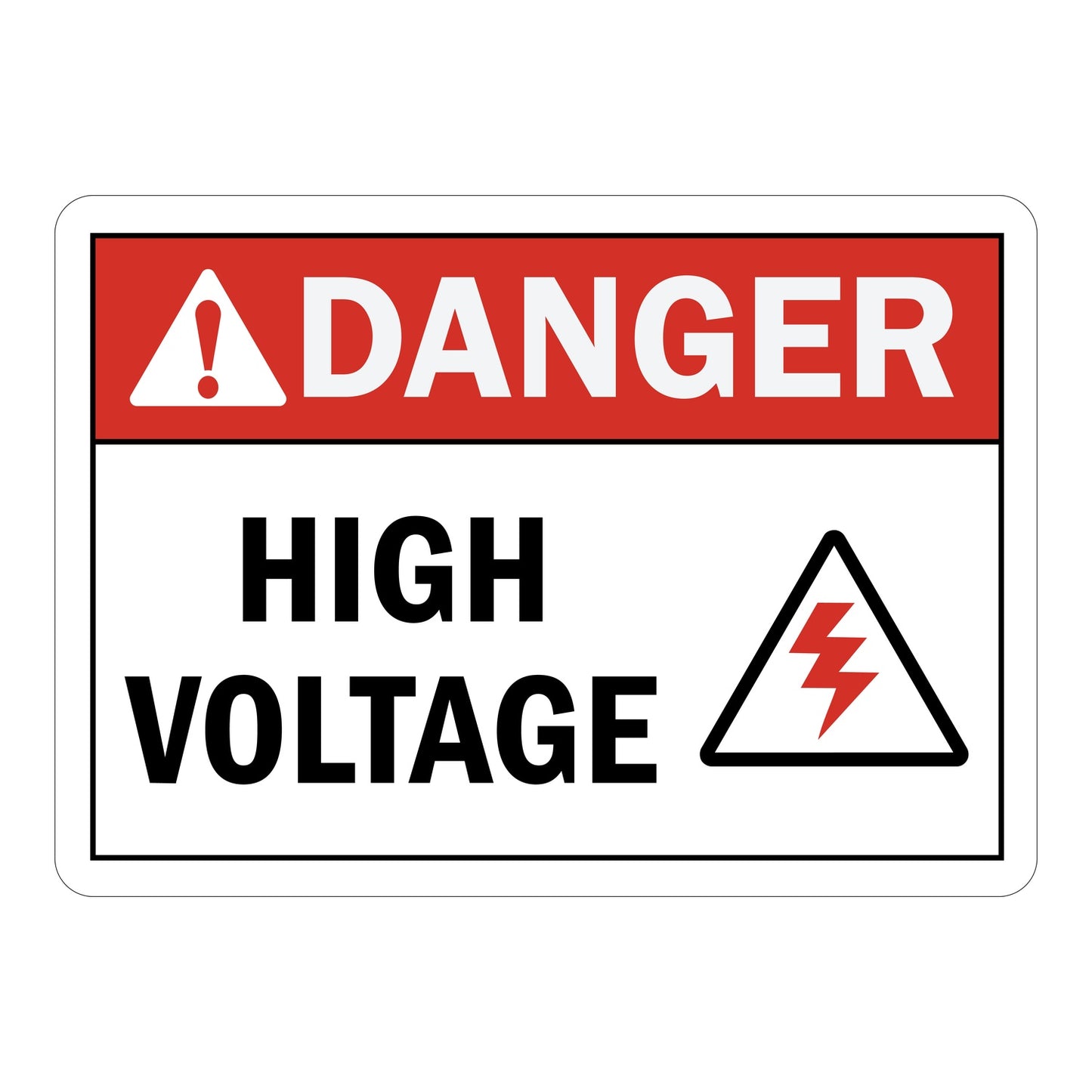 ANSI Danger High Voltage Sign Sticker featuring a red danger header, bold high voltage text, and a triangle lightning bolt electrical hazard symbol.