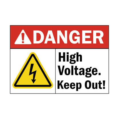 ANSI Danger High Voltage Keep Out Sign Sticker featuring a red danger header, yellow triangle lightning bolt symbol, and bold high voltage keep out warning text.
