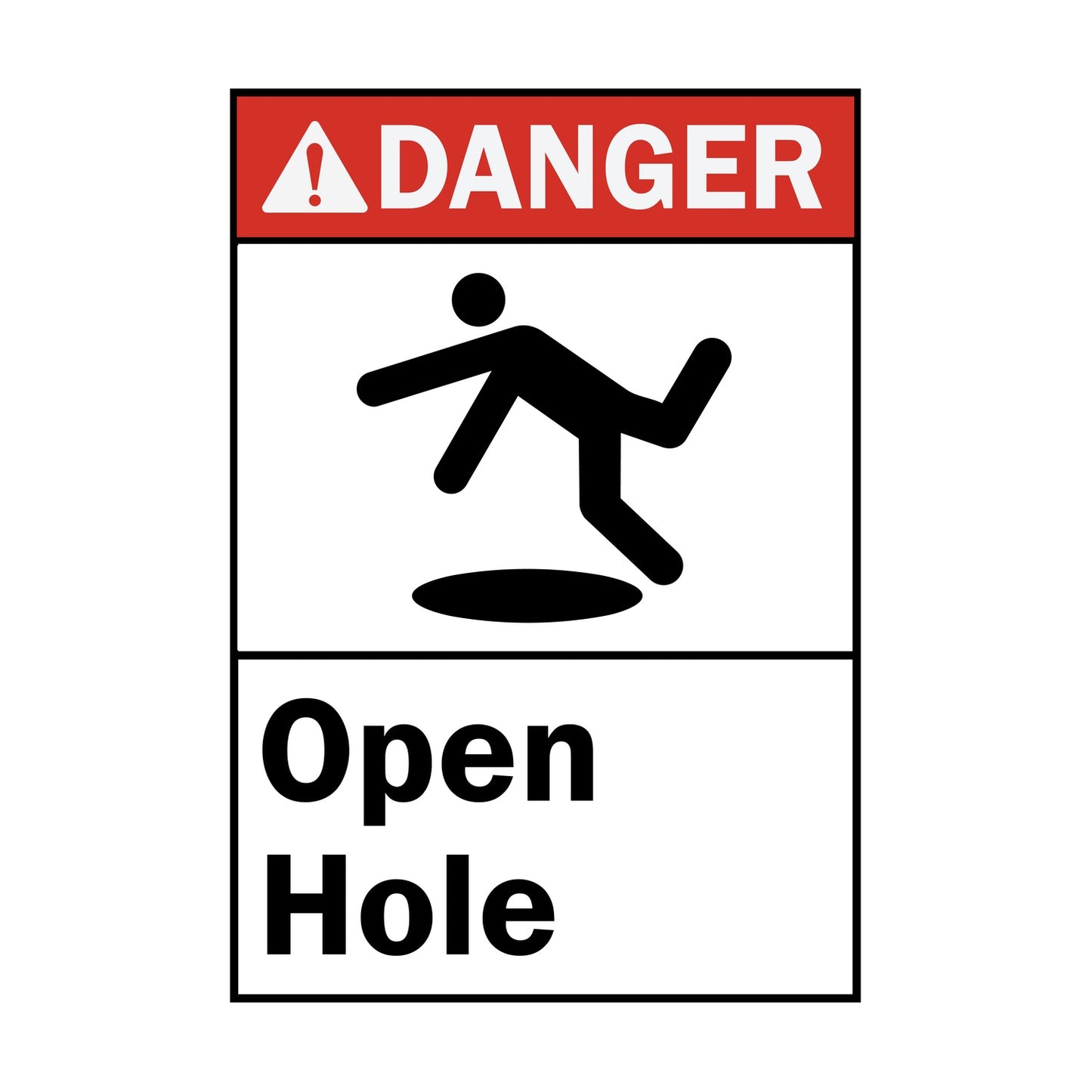 ANSI Danger Open Hole Sign Sticker featuring a red danger header, person tripping over hole graphic, and bold open hole warning text