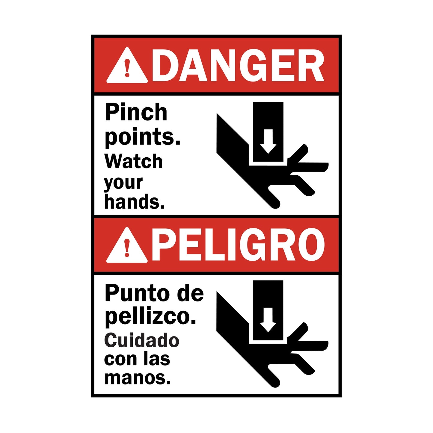 Bilingual ANSI Danger Peligro Pinch Points Watch Your Hands Sign Sticker featuring red danger and peligro headers, dual hand crush force graphics, and matching English and Spanish warning text.