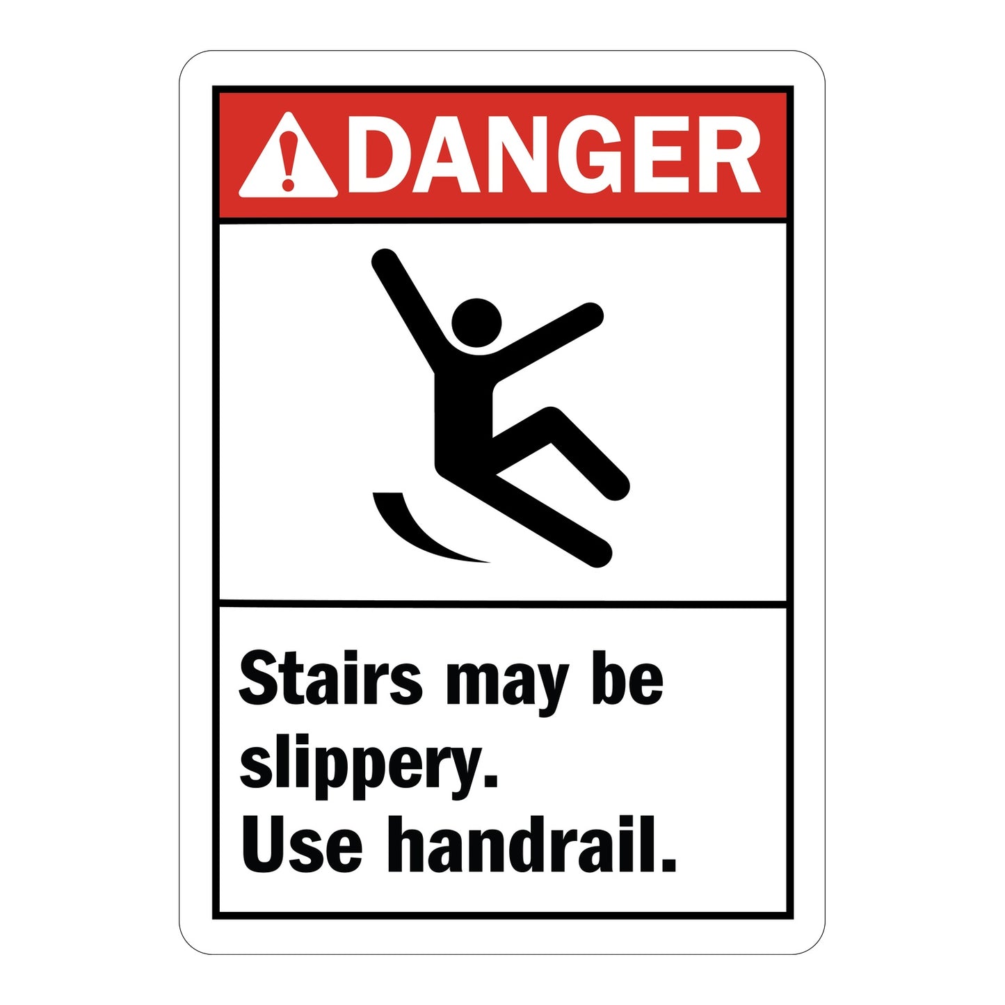 ANSI Danger Stairs May Be Slippery Use Handrail Sign Sticker featuring a red danger header, person slipping and falling graphic, and bold handrail safety instruction text.