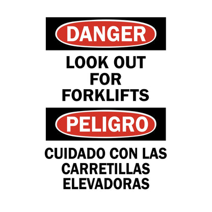Bilingual white, red, and black sign sticker with DANGER and PELIGRO oval headers reading "LOOK OUT FOR FORKLIFTS" in English and "CUIDADO CON LAS CARRETILLAS ELEVADORAS" in Spanish for warehouse and industrial safety use.