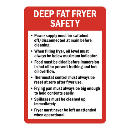 Deep Fat Fryer Safety Guidelines Sign Stickers with a red border, white DEEP FAT FRYER SAFETY header and a black bulleted list of fryer safety rules on white