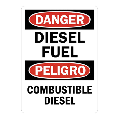 Bilingual OSHA Danger Diesel Fuel Sign Sticker in English and Spanish, with red and black DANGER PELIGRO headers warning of flammable fuel hazard