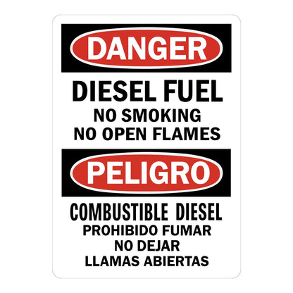 Bilingual OSHA Danger Diesel Fuel Sign Sticker in English and Spanish, with red and black DANGER PELIGRO headers warning no smoking and no open flames