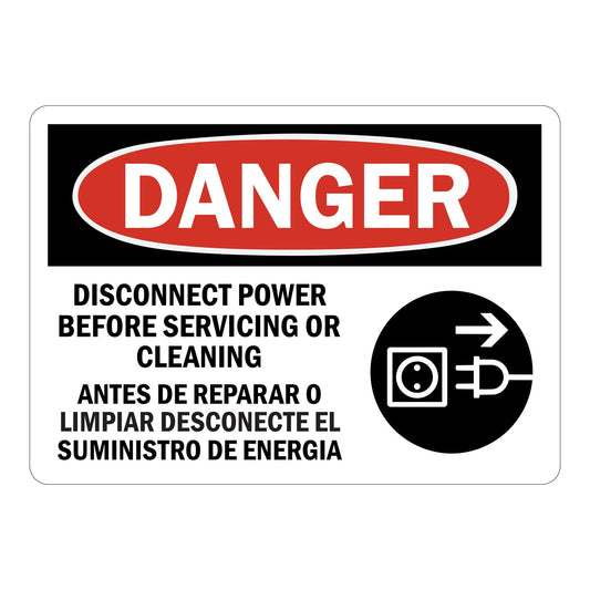 Bilingual OSHA Danger Disconnect Power Before Servicing Or Cleaning, Antes De Reparar O Limpiar Desconecte El