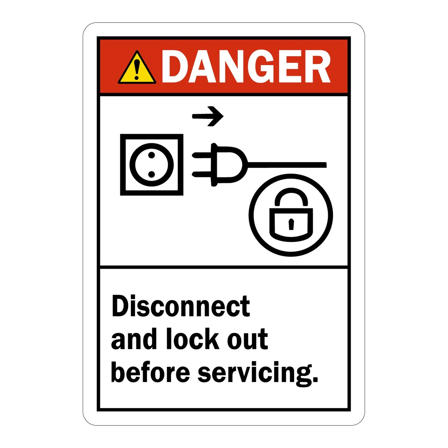 White and red ANSI danger sign sticker with electrical plug disconnect and padlock icons stating Disconnect And Lock Out Before Servicing for electrical equipment safety and lockout tagout compliance