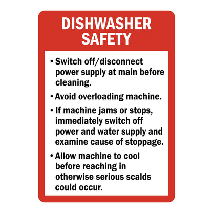 Dishwasher Safety Guidelines Sign Stickers with a red border, white DISHWASHER SAFETY header and a black bulleted list of dishwasher safety rules, white panel