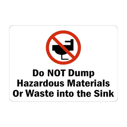 Do Not Dump Hazardous Materials Or Waste Into The Sink Sign Sticker with no sink dumping graphic in bold black on white background, ideal for labs, chemical handling areas, and workplace environmental compliance signage