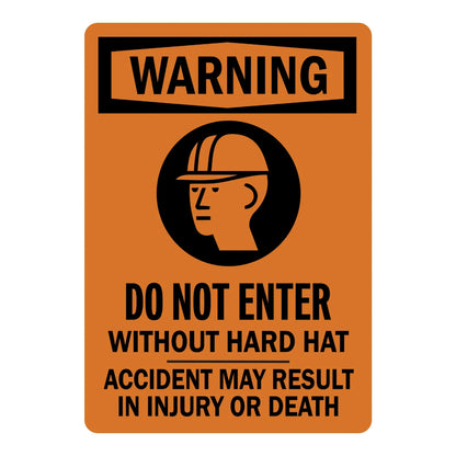 OSHA Warning: Do Not Enter Without Hard Hat, Accident May Result in Injury or Death Sign Sticker with a hard hat icon on an orange background, entry points