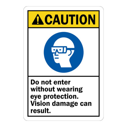 Caution Do Not Enter Without Wearing Eye Protection Vision Damage Can Result ANSI sign with yellow header and blue safety glasses icon for hazard zones