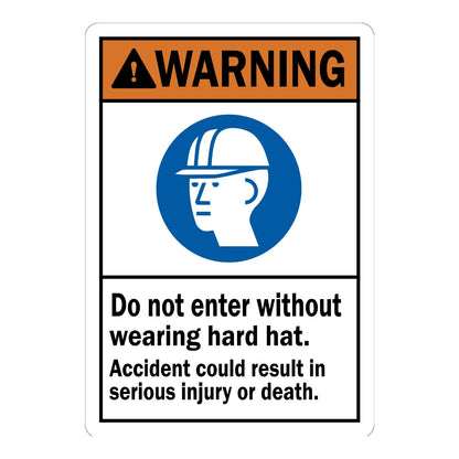 ANSI Warning: Do Not Enter Without Wearing Hard Hat, Accident Could Result in Serious Injury or Death Sign Sticker with a blue hard hat icon, for entrances