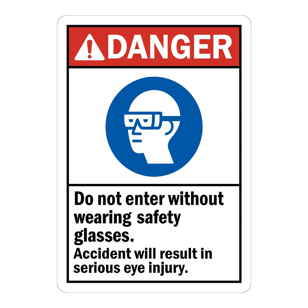 ANSI Danger: Do Not Enter Without Wearing Safety Glasses, Accident Will Result in Serious Eye Injury sign stickers: red DANGER bar, blue safety glasses icon.