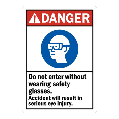 ANSI Danger: Do Not Enter Without Wearing Safety Glasses, Accident Will Result in Serious Eye Injury sign stickers: red DANGER bar, blue safety glasses icon.