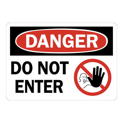 OSHA Danger: Do Not Enter (With Hand And Man Graphic) sign stickers: black bar with red oval DANGER header, bold black text beside a no-entry hand symbol icon.
