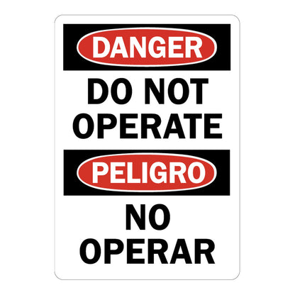 Bilingual OSHA Danger: Do Not Operate No Operar Sign Stickers – Red oval DANGER & PELIGRO headers, bold black English & Spanish text. For machinery, industrial & restricted equipment operation zones.