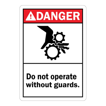 Vertical ANSI Danger sign with red header, black pinch point gear and hand injury symbol, and text reading Do Not Operate Without Guards on white background for machine safety.