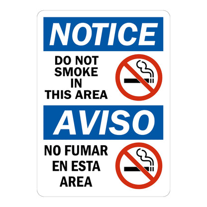 Bilingual OSHA Notice Do Not Smoke in This Area sign sticker with blue Notice and Aviso headers and prohibition icons over cigarettes, an English and Spanish decal