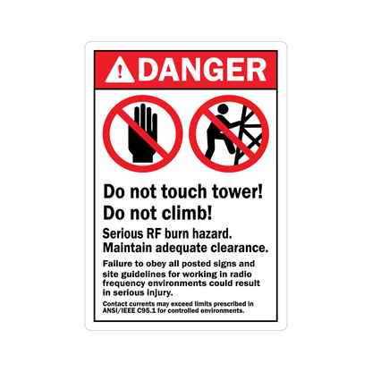 ANSI Danger: Do Not Touch Tower, Do Not Climb sign sticker with a red header and two red prohibition icons for no touch and no climbing symbols shown below.