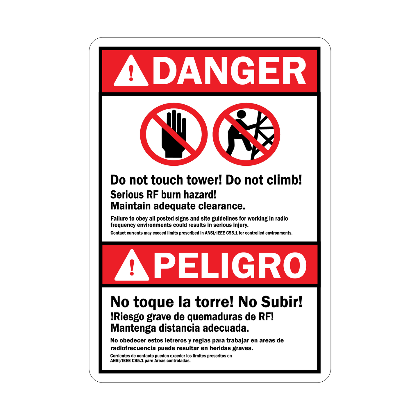 Bilingual ANSI Danger: Do Not Touch Tower, Do Not Climb sign sticker with English and Spanish text, red DANGER headers, and two red prohibition icons shown.