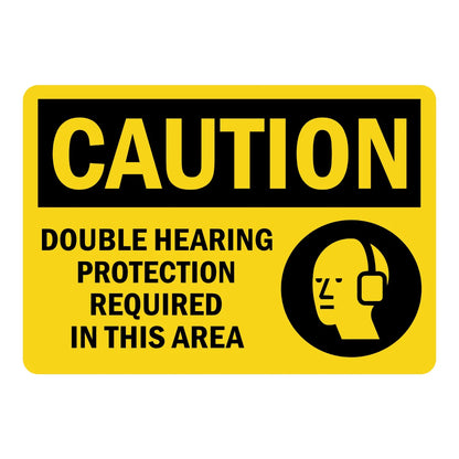 OSHA Caution: Double Hearing Protection Required in This Area Sign Stickers with bold black text on yellow background and black ear protection icon.