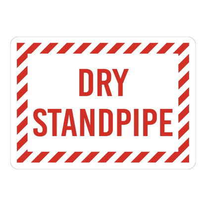 Dry Standpipe Sign Sticker – white sign with a red and white hazard-striped border and bold red text labeling the dry standpipe