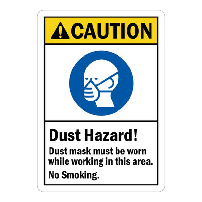 ANSI Caution: Dust Hazard, Dust Mask Must Be Worn While Working in This Area sign sticker with yellow header, blue dust mask icon, and No Smoking safety notice.