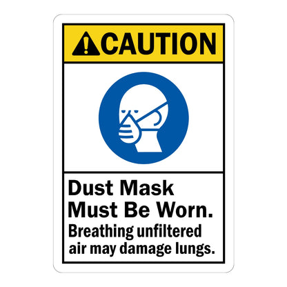 ANSI Caution: Dust Mask Must Be Worn, Breathing Unfiltered Air May Damage Lungs sign sticker with yellow header, blue dust mask icon, and bold warning text.