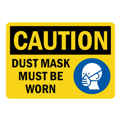 OSHA Caution: Dust Mask Must Be Worn sign sticker featuring a yellow background, bold black CAUTION header, and a blue mandatory dust mask symbol icon inside.