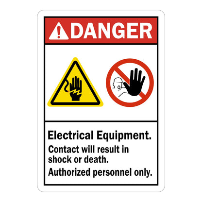 ANSI Danger: Electrical Equipment - Authorized Personnel Only sign stickers featuring shock and prohibited icons, warns contact causes shock or death
