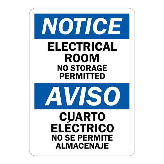 Bilingual OSHA Notice: Electrical Room No Storage Permitted