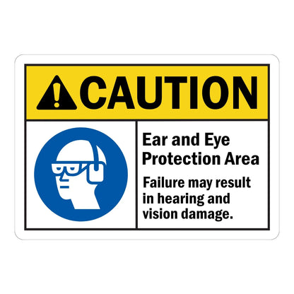 ANSI Caution: Ear and Eye Protection Area, Failure May Result in Hearing and Vision Damage sign stickers: yellow CAUTION bar, blue goggles and earmuffs icon.