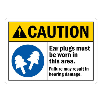 ANSI Caution: Ear Plugs Must Be Worn in This Area, Failure May Result in Hearing Damage sign sticker with a yellow CAUTION header and blue ear plug icon.