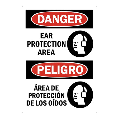 Bilingual OSHA Danger: Ear Protection Area sign sticker featuring bold red DANGER and PELIGRO ovals on black headers with black text and ear protection icons.