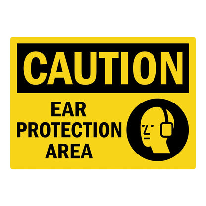 OSHA Caution: Ear Protection Area Sign Stickers with bold black text on yellow background and black ear protection icon.