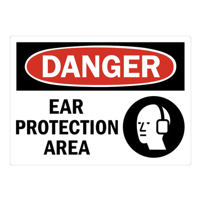 OSHA Danger: Ear Protection Area sign sticker featuring a bold red DANGER oval on a black header, black warning text, and an ear protection icon beside it.