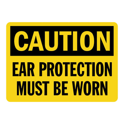 OSHA Caution: Ear Protection Must Be Worn Sign Sticker with bold black text on a yellow background, ideal for labeling high-noise industrial workplace zones