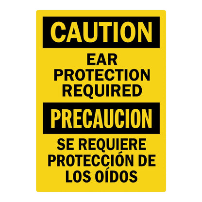 Bilingual OSHA Caution: Ear Protection Required sign sticker featuring bold black CAUTION and PRECAUCION headers on yellow with English and Spanish text below.