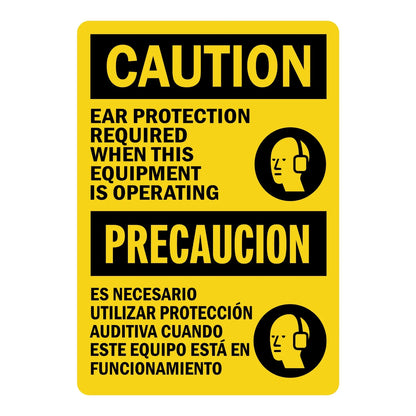 Bilingual OSHA Caution: Ear Protection Required When This Equipment Is Operating Sign Stickers with English/Spanish text and black ear protection icons on yellow background.