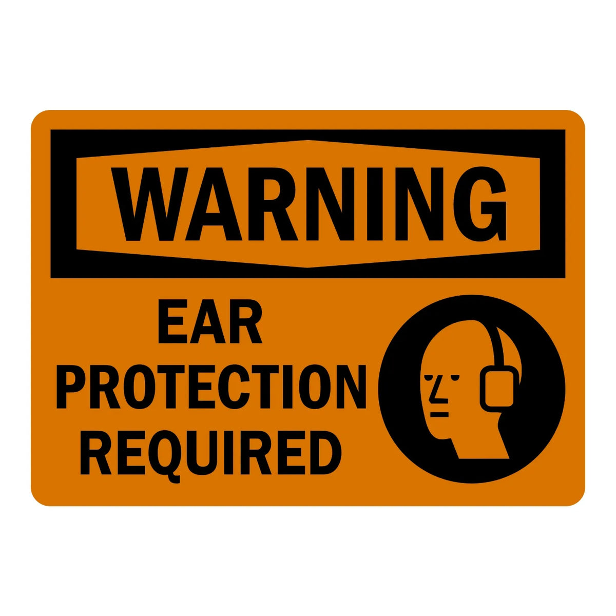 OSHA Warning: Ear Protection Required sign sticker featuring a bold black WARNING header banner on orange with black text and an ear protection icon beside it.