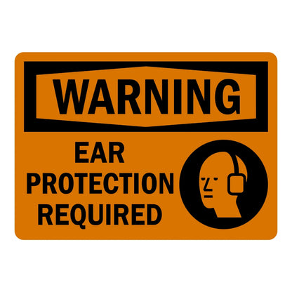 OSHA Warning: Ear Protection Required sign sticker featuring a bold black WARNING header banner on orange with black text and an ear protection icon beside it.