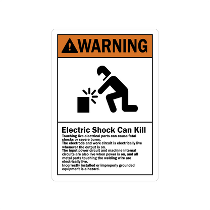 ANSI Warning: Electric Shock Can Kill sign sticker with an orange header and a black icon showing a person touching a live electrical shock hazard below.