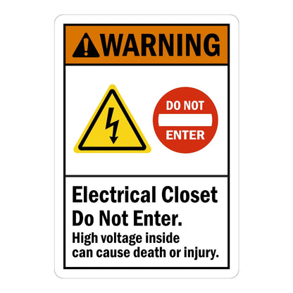 ANSI Warning: Electrical Closet - Do Not Enter. High Voltage Inside Can Cause Death or Injury. sign stickers: orange WARNING bar with shock and no-entry icons.