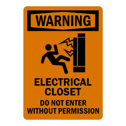 OSHA Warning: Electrical Closet - Do Not Enter Without Permission sign stickers: orange background, black WARNING header, electric shock hazard icon and text.
