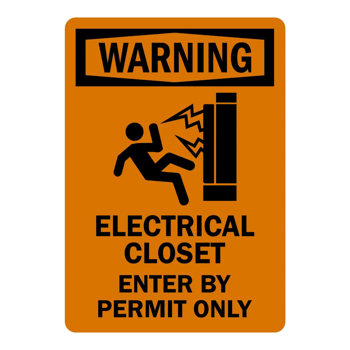 OSHA Warning: Electrical Closet - Enter by Permit Only sign stickers: orange background, black WARNING header, electric shock hazard icon, bold black text.