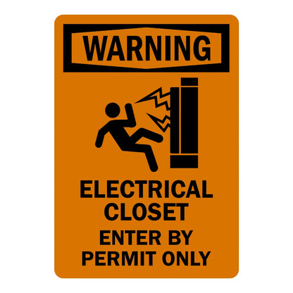 OSHA Warning: Electrical Closet - Enter by Permit Only sign stickers: orange background, black WARNING header, electric shock hazard icon, bold black text.