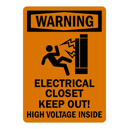 OSHA Warning: Electrical Closet - Keep Out! High Voltage Inside sign stickers: orange background, black WARNING header, electric shock hazard icon, bold text.