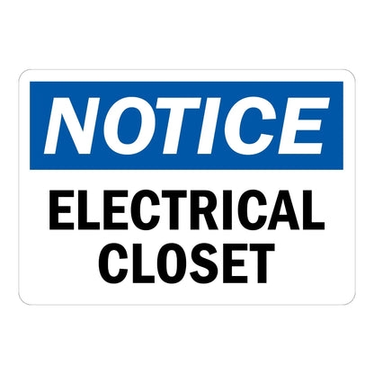 OSHA Notice: Electrical Closet sign stickers: white background, blue NOTICE header bar, bold black ELECTRICAL CLOSET text below on the rounded white panel.
